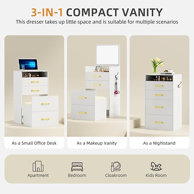 3-in-1 Schminktisch mit Klappspiegel & Stauraum