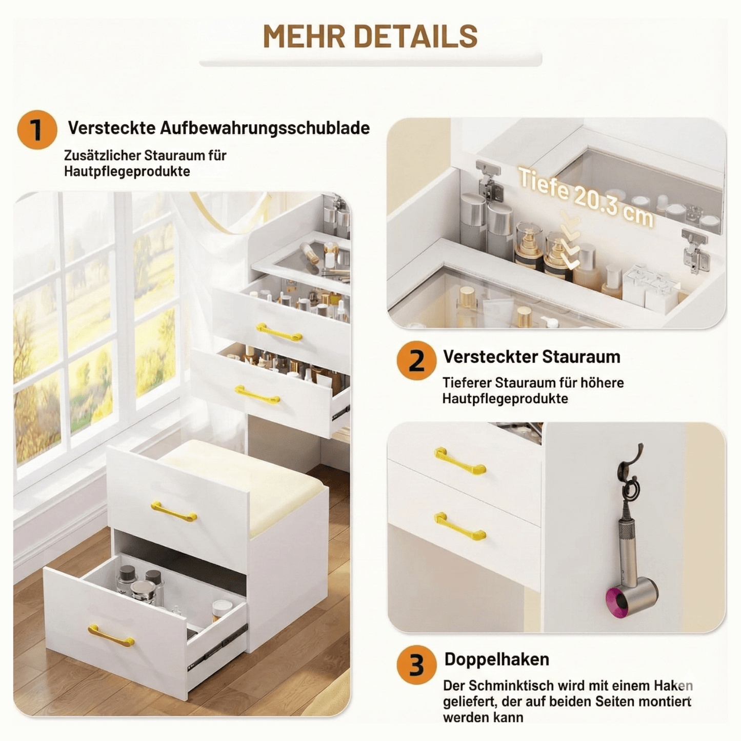 3-in-1 Schminktisch mit Klappspiegel & Stauraum